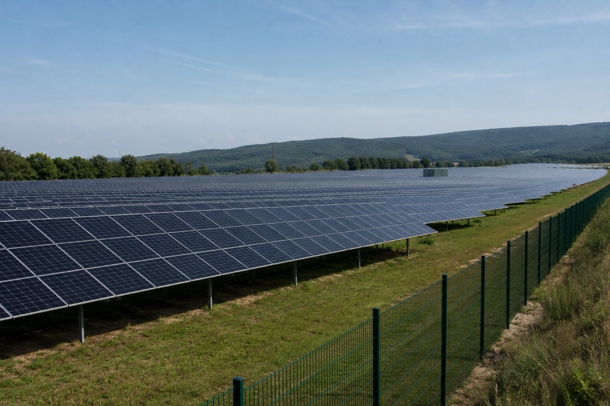 Ground-mounted PV system with tilted module rows and row spacing