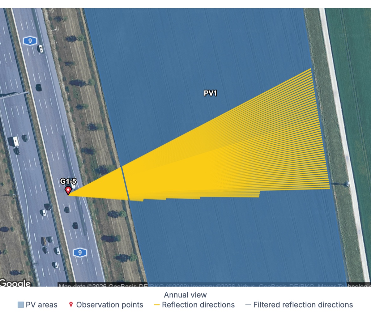 Reflection map (annual view): yellow reflection directions from the observation point to the PV area