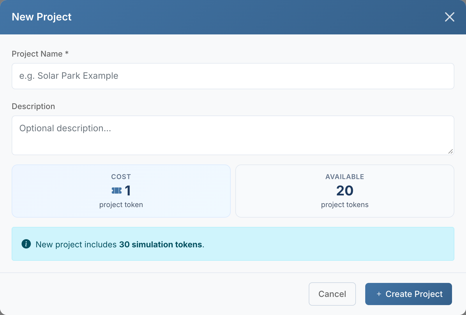 "New Project" dialog with project name, description, cost of 1 project token and a note on 30 simulation tokens