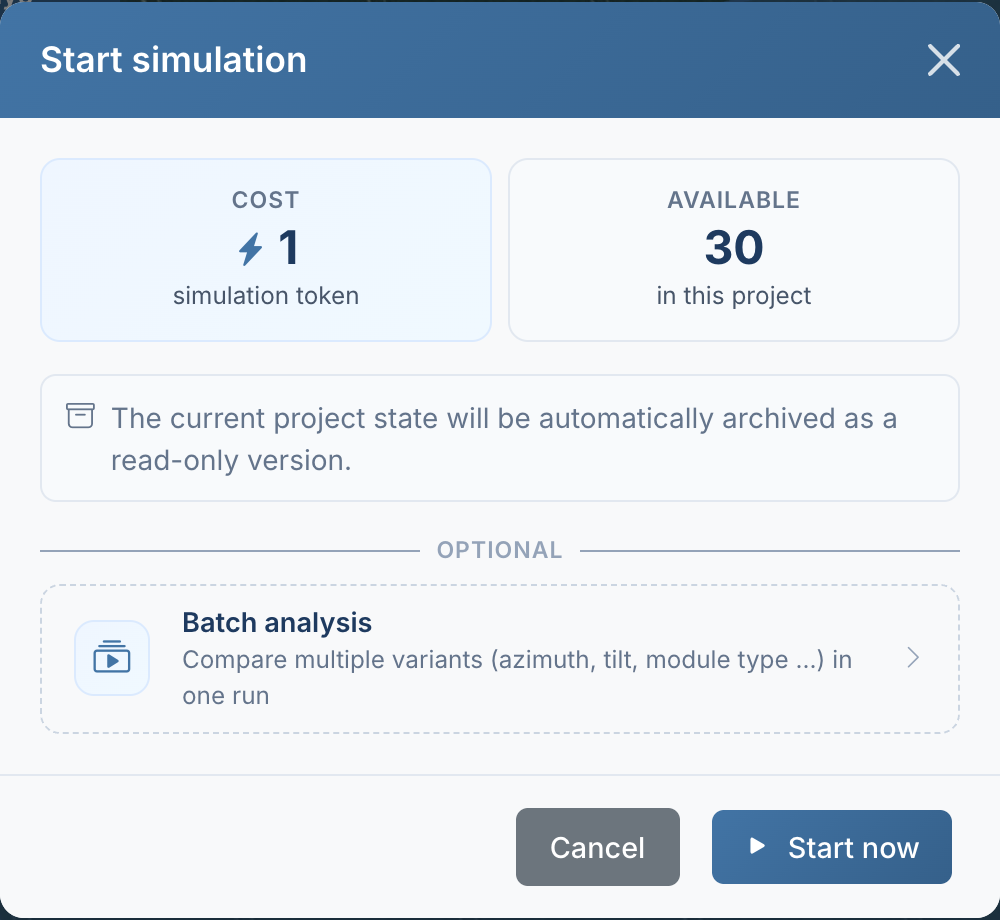 "Start Simulation" dialog: cost 1 simulation token, 30 available in this project, note on the read-only version, optional batch analysis