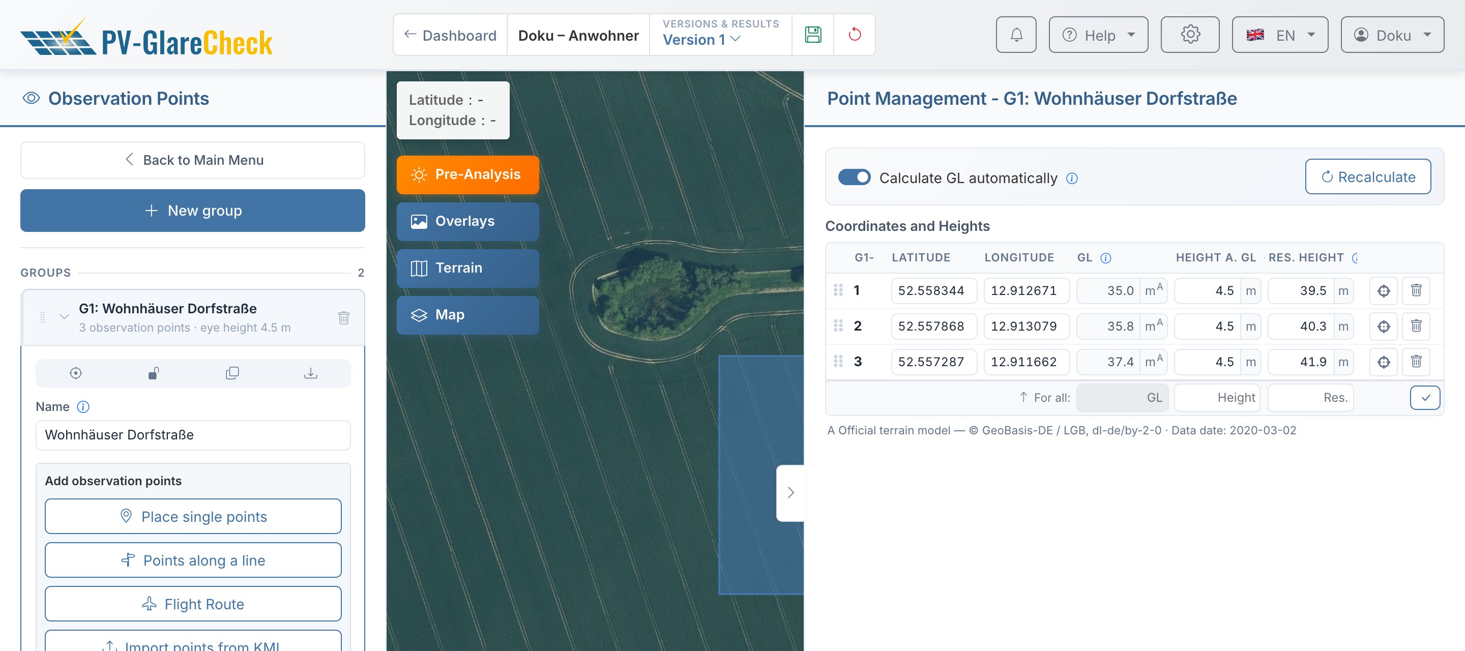 Editor: point management of group G1 with GL from the official terrain model and height above GL 4.5 m for all points