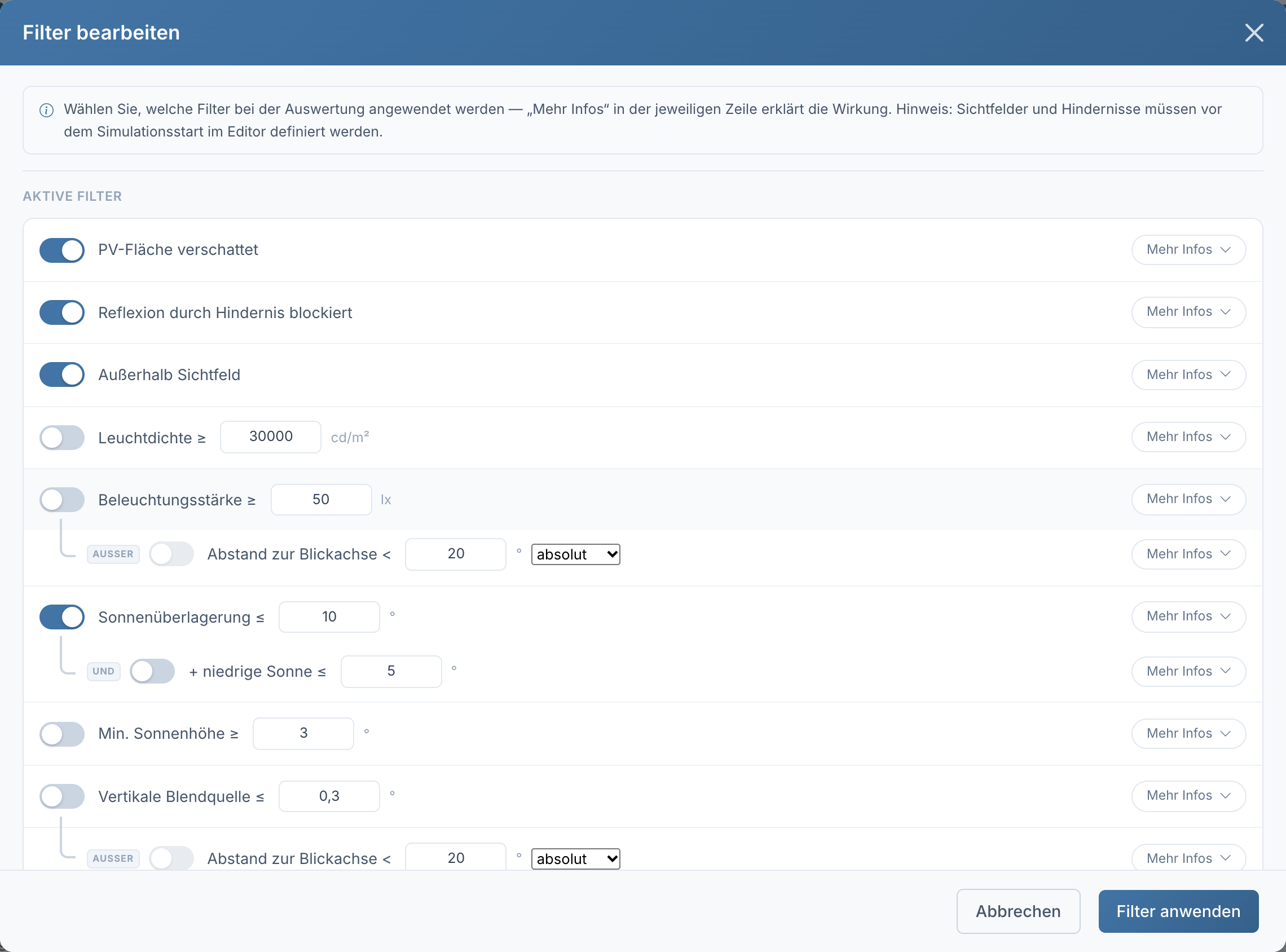 Dialog „Filter bearbeiten“ mit Schaltern und Werten je Filter