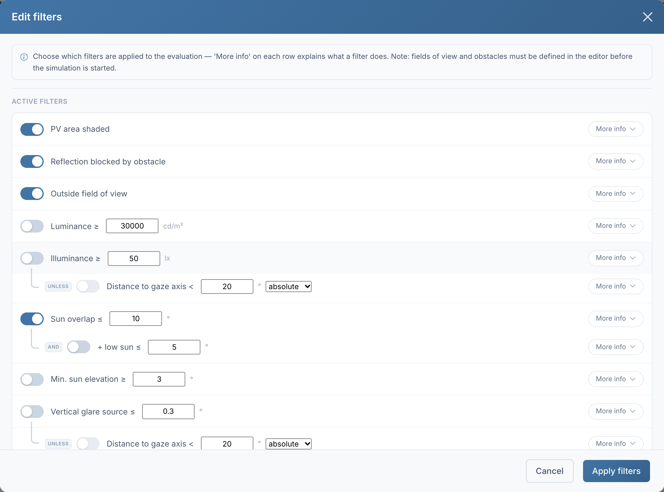 Edit filters dialog with switches and values for each filter