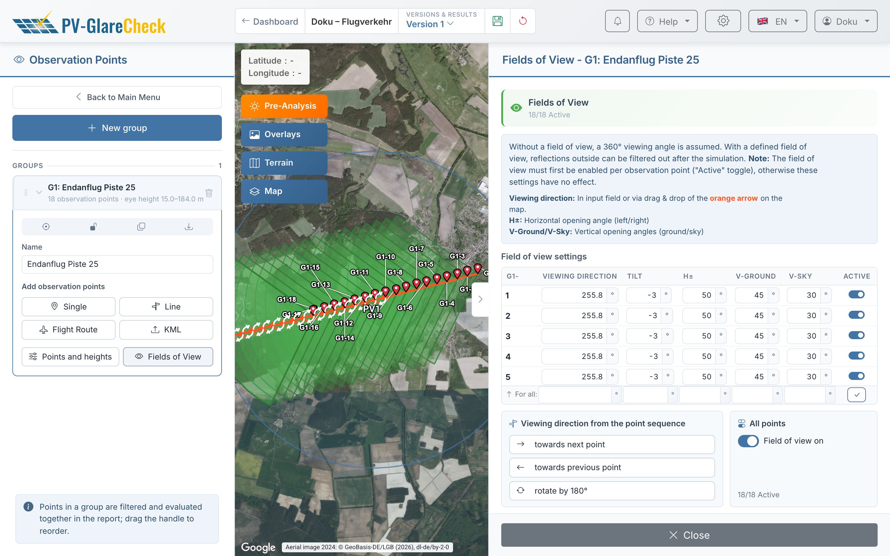 Editor: final approach as a flight route with 18 points along the extended runway center line, green fields of view in flight direction; on the right the field-of-view settings with viewing direction 256°, tilt −3°, H± 50°