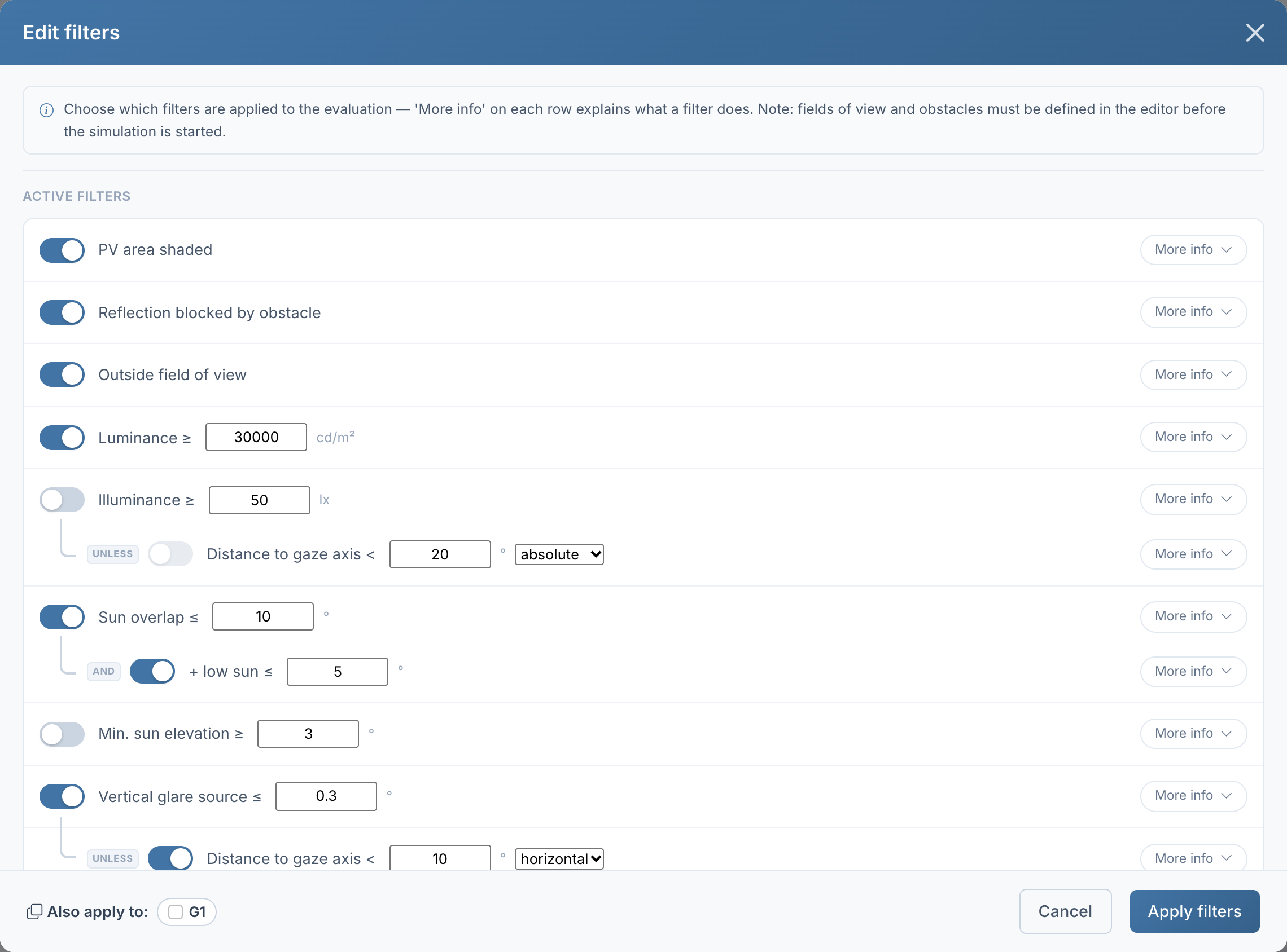"Edit filters" dialog set up according to the position paper: luminance ≥ 30,000 cd/m², sun overlap ≤ 10° and low sun ≤ 5°, vertical glare source ≤ 0.3° unless the distance to the gaze axis is below 10° horizontally