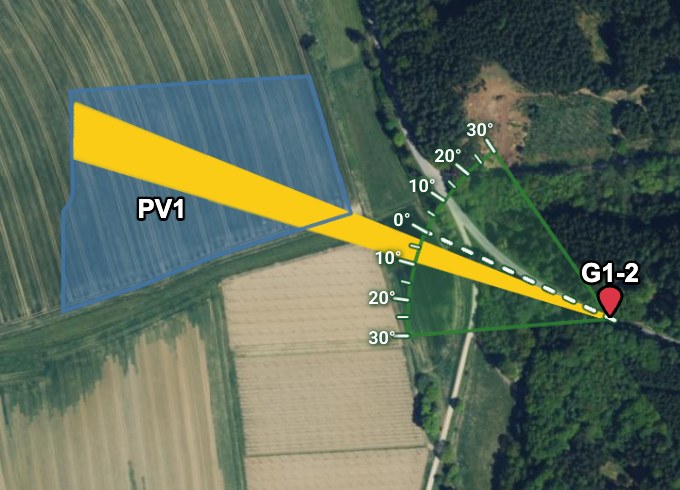Detail of a reflection map in PV-GlareCheck: reflection from a ground-mounted PV system to an observation point on a road