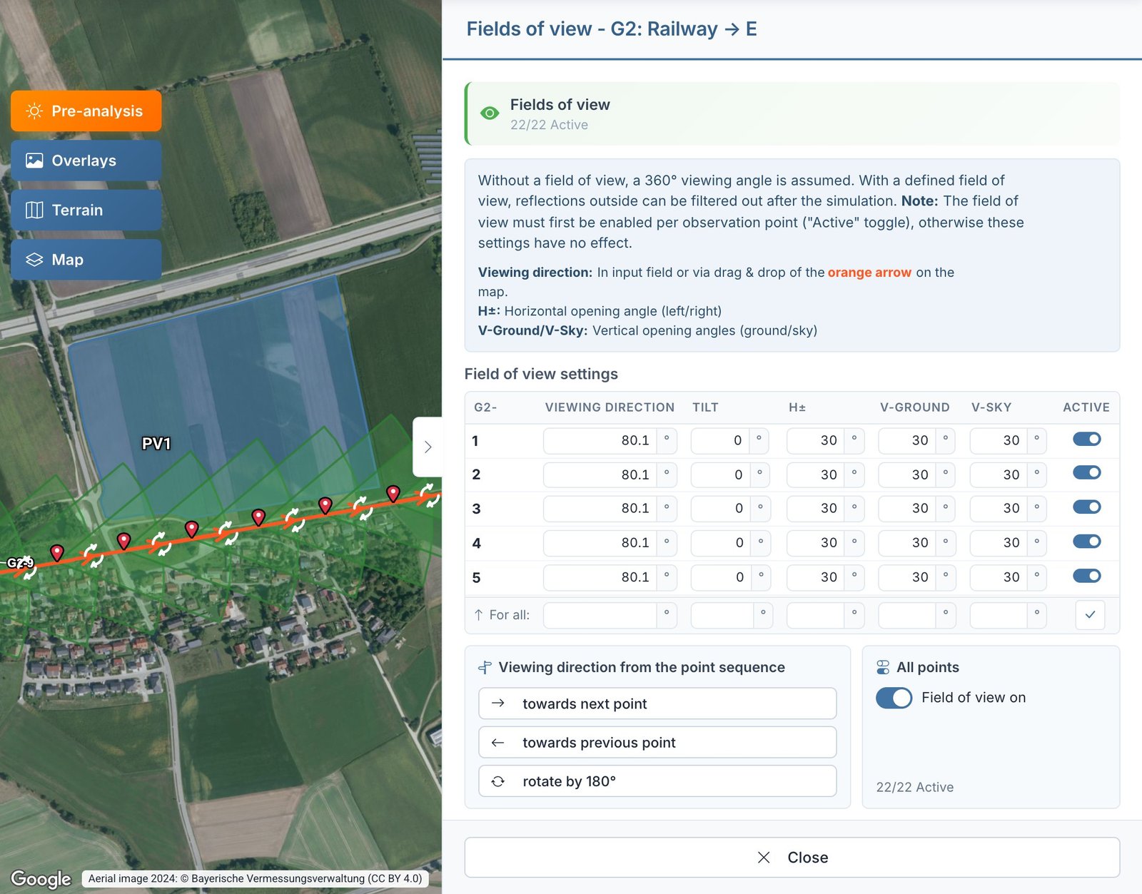 Row of points along a railway next to a PV area with green field-of-view wedges in the direction of travel; on the right the field of view settings of the group